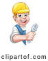 Vector Illustration of a Happy Cartoon White Male Plumber Using Adjustable Wrench Around a Blank Sign by AtStockIllustration