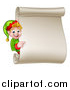 Vector Illustration of a Happy Caucasian Male Christmas Elf Pointing Around a Blank Scroll Sign by AtStockIllustration