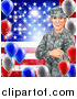 Vector Illustration of a Happy Caucasian Male Military Veteran over an American Flag and Balloons by AtStockIllustration