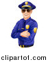 Vector Illustration of a Happy Caucasian Male Police Officer with Folded Arms, Wearing Sunglasses and Smiling, Tilted Slightly Left by AtStockIllustration
