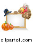 Vector Illustration of a Happy Chef Thanksgiving Turkey Bird Giving a Thumb up over a Pumpkin, Blank White Board Sign and Pilgrim Hat by AtStockIllustration