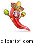 Vector Illustration of a Happy Chile Pepper Mascot Character Playing Maracas and Wearing a Sombrero, Celebrating Cinco De Mayo by AtStockIllustration