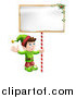Vector Illustration of a Happy Christmas Elf Waving and Holding a Sign by AtStockIllustration
