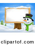 Vector Illustration of a Happy Christmas Snowman in a Top Hat by a Wood Sign Post by AtStockIllustration