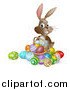 Vector Illustration of a Happy Easter Bunny with a Basket of Easter Eggs by AtStockIllustration