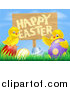 Vector Illustration of a Happy Easter Sign with Chicks and Easter Eggs Against Blue Sky by AtStockIllustration