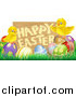 Vector Illustration of a Happy Easter Sign with Chicks and Easter Eggs by AtStockIllustration