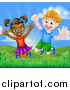 Vector Illustration of a Happy Energetic White Boy and Black Girl Jumping Outside on a Sunny Day by AtStockIllustration