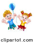 Vector Illustration of a Happy Excited Blond Caucasian Boy and Girl Jumping with a Party Balloon by AtStockIllustration