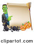 Vector Illustration of a Happy Frankenstein Pointing to a Scroll Sign with a Broomstick Black Cats and Halloween Pumpkins by AtStockIllustration