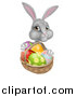 Vector Illustration of a Happy Gray Bunny with Easter Eggs and a Basket by AtStockIllustration