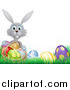 Vector Illustration of a Happy Gray Easter Bunny with a Basket and Eggs in Grass by AtStockIllustration