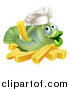 Vector Illustration of a Happy Green Cod Fish Chef Holding up a French Fry over Chips by AtStockIllustration