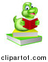 Vector Illustration of a Happy Green Earthworm Reading a Book on a Stack by AtStockIllustration