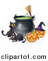 Vector Illustration of a Happy Halloween Cauldron with Black Cats a Broomstick and Jackolanterns by AtStockIllustration