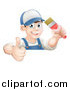 Vector Illustration of a Happy Male Painter Holding a Thumb up and a Brush over a Sign by AtStockIllustration