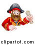 Vector Illustration of a Happy Male Pirate Captain Holding a Treasure Map and Pointing down over a Sign by AtStockIllustration