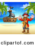 Vector Illustration of a Happy Male Pirate Captain Holding a Treasure Map and Waving on a Tropical Beach, with a Ship in the Background by AtStockIllustration