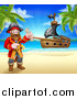 Vector Illustration of a Happy Male Pirate Captain Holding a Treasure Map on a Tropical Beach, with a Ship in the Background by AtStockIllustration