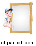 Vector Illustration of a Happy Middle Aged Brunette Caucasian Handy Man in Blue, Wearing a Baseball Cap, Giving a Thumb up Around a Wood Framed Sign by AtStockIllustration