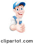 Vector Illustration of a Happy Middle Aged Brunette Caucasian Mechanic Man in Blue, Wearing a Baseball Cap, Giving a Thumb up Around a Sign by AtStockIllustration