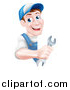 Vector Illustration of a Happy Middle Aged Brunette Caucasian Mechanic Man in Blue, Wearing a Baseball Cap, Holding a Wrench Around a Sign by AtStockIllustration