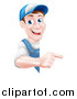 Vector Illustration of a Happy Middle Aged Brunette Caucasian Mechanic Man in Blue, Wearing a Baseball Cap, Pointing Around a Sign by AtStockIllustration