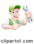 Vector Illustration of a Happy Middle Aged Brunette Caucasian Mechanic Man in Green, Wearing a Baseball Cap, Holding a Wrench and Pointing by AtStockIllustration