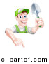 Vector Illustration of a Happy Middle Aged Brunette White Male Gardener in Green, Pointing down over a Sign and Holding a Shovel by AtStockIllustration