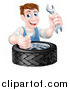 Vector Illustration of a Happy Middle Aged Brunette White Mechanic Man Holding a Wrench and Thumb up over a Tire by AtStockIllustration