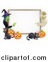 Vector Illustration of a Happy Mummy Witch Pumpkins and Black Cats Around a Blank Sign by AtStockIllustration