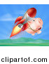 Vector Illustration of a Happy Pig Flying with a Rocket over a Valley by AtStockIllustration