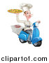 Vector Illustration of a Happy Pizza Delivery Chef with a Curling Mustache, Holding up a Pie on a Scooter by AtStockIllustration