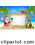 Vector Illustration of a Happy Rudolph Red Nosed Reindeer and Santa Making Sand Castles on a Tropical Beach by a Blank Sign with a Parrot by AtStockIllustration