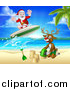 Vector Illustration of a Happy Rudolph Red Nosed Reindeer Making a Sand Castle and Santa Surfing by AtStockIllustration