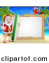 Vector Illustration of a Happy Santa Surfer on a Tropical Beach by a Blank Sign with a Parrot by AtStockIllustration