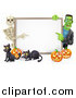 Vector Illustration of a Happy Skeleton and Frankenstein Pointing to a White Board Sign over Pumpkins and Black Cats by AtStockIllustration