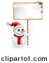 Vector Illustration of a Happy Snowman Wearing a Santa Hat and Holding a Christmas Sign by AtStockIllustration