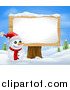 Vector Illustration of a Happy Snowman with a Santa Hat and Sign on a Stump by AtStockIllustration