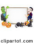 Vector Illustration of a Happy Vampire Frankenstein Pumpkins and Black Cats Around a Blank Sign by AtStockIllustration