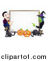 Vector Illustration of a Happy Vampire Witch Pumpkins and Black Cats Around a Blank Sign by AtStockIllustration