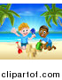 Vector Illustration of a Happy White and Black Boys Playing and Making Sand Castles on a Tropical Beach by AtStockIllustration