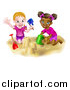 Vector Illustration of a Happy White and Black Girls Playing and Making Sand Castles on a Beach by AtStockIllustration