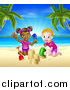 Vector Illustration of a Happy White and Black Girls Playing and Making Sand Castles on a Tropical Beach by AtStockIllustration