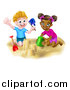 Vector Illustration of a Happy White Boy and Black Girl Making Sand Castles on a Beach by AtStockIllustration