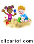 Vector Illustration of a Happy White Boy and Black Girl Playing and Making Sand Castles on a Beach by AtStockIllustration