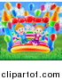 Vector Illustration of a Happy White Boy and Girl Jumping on a Bouncy House Castle in a Park, with Party Balloons by AtStockIllustration