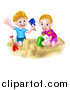 Vector Illustration of a Happy White Boy and Girl Playing and Making Sand Castles on a Beach by AtStockIllustration