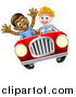 Vector Illustration of a Happy White Boy Driving a Black Boy and Catching Air in a Convertible Car by AtStockIllustration