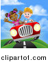 Vector Illustration of a Happy White Boy Driving a Black Girl and Catching Air in a Convertible Car on a Country Road by AtStockIllustration